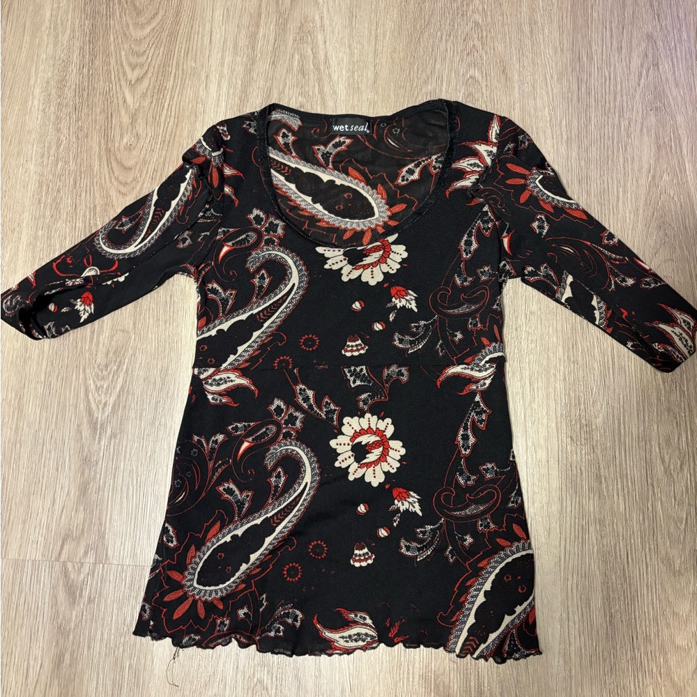 VTG Wet Seal Womens Y2K Sheer Mesh Top Sz S Fairy Grunge Paisley Pattern